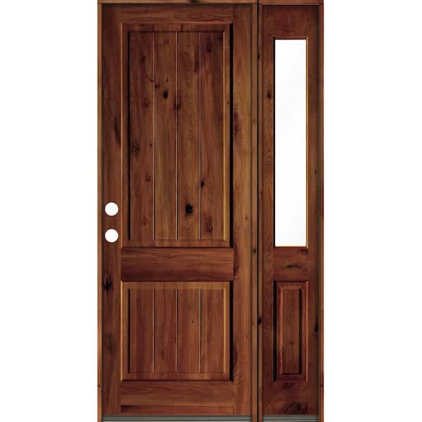 Krosswood Doors 56 in. x 96 in. Knotty Alder Square Top Right-Hand/Inswing Glass Red Chestnut Stain Wood Prehung Front Door with RHSL