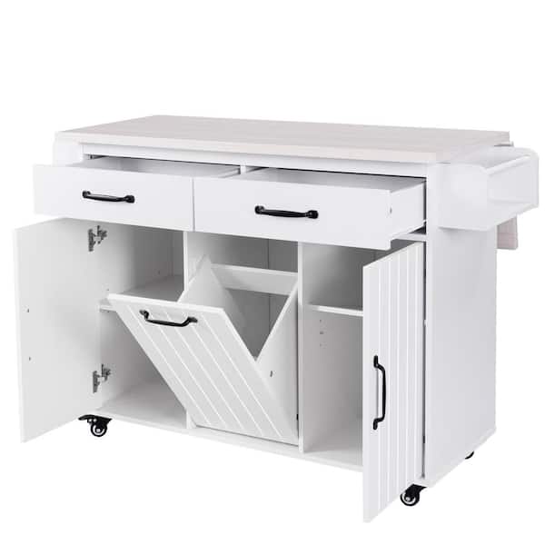 Unbranded White Wood 51 in. Kitchen Island with Drawers&with Trash Can, Rolling Kitchen Cart on Wheels, Farmhouse Storage Cabinet