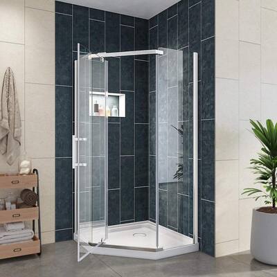 36.6 in. W x 71.8 in. H Neo Angle Pivot Semi Frameless Corner Shower Enclosure in Stainless Steel with Clear Glass