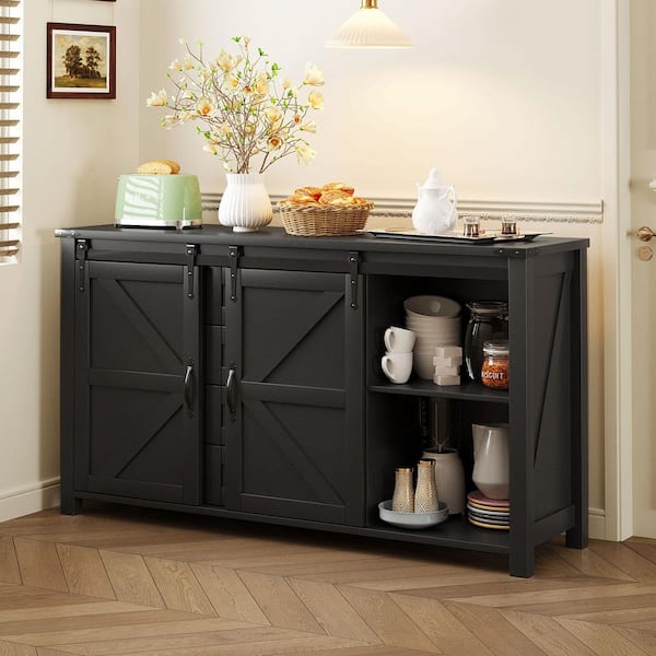 Harper & Bright Designs Black 55.1 in. Farmhouse Wood Sideboard Buffet ...