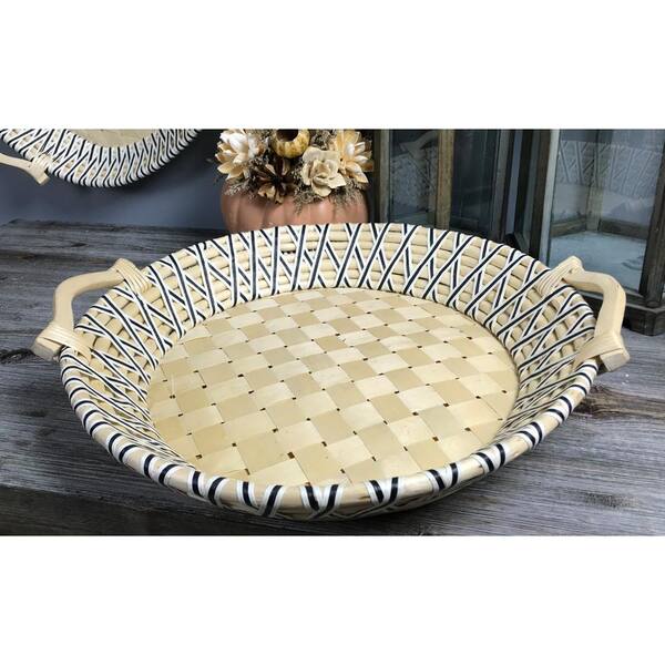 Criss Cross Black And Unfinished Round, Round Basket Tray