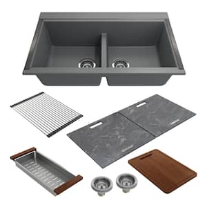 Baveno Lux Concrete Gray Granite Composite 33 in. Double Bowl Undermount Kitchen Sink w/Workstation Acc. & Covers