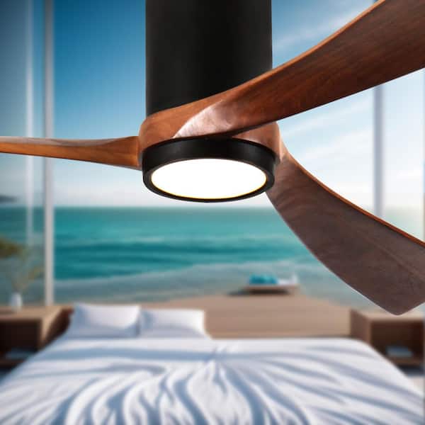 LINJO 52 in. Indoor Black Low Profile Ceiling Fan with Solid Wood Blades and Full Spectrum Light and Reversible DC Motor