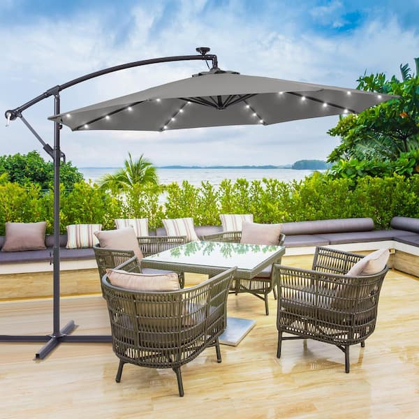 JOYESERY 10 ft. Patio Offset Solar LED Umbrellas 50-Plus UV Protection Cantilever Outside Umbrellas, Gray
