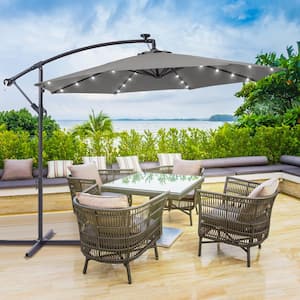 10 ft. Patio Offset Solar LED Umbrellas 50-Plus UV Protection Cantilever Outside Umbrellas, Gray