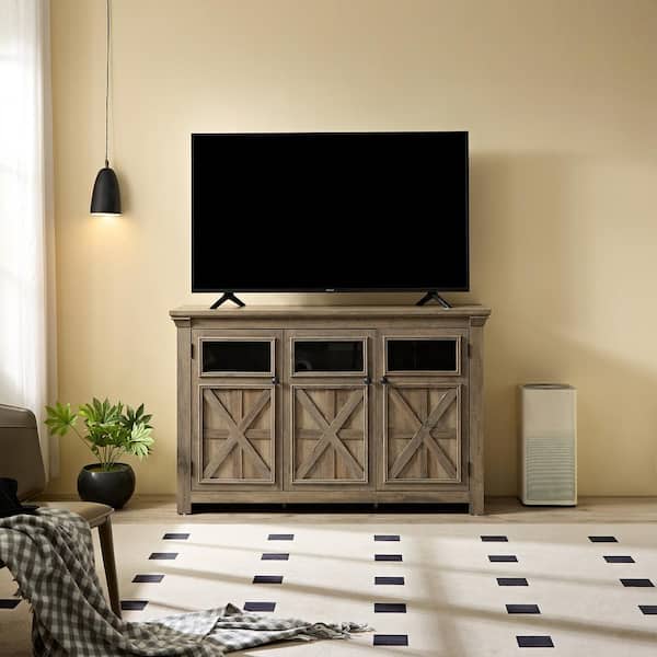 FUNKOL 52.99 in. x 15.35 in. x 34.65 in. Gray Wash Vintage MDF Storage Cabinet with 3-Doors