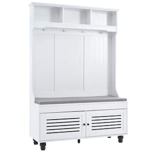 White Hall Tree with 4-Sturdy Hooks, Shutter-Shaped Doors Storage Bench and Cushion for Hallway, Entryway, Living Room