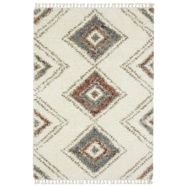 AVERLEY HOME Avalon Ivory/Multi-Colored 5 ft. x 8 ft. Tribal Geometric Medallion Polypropylene Shag Tassel Indoor Area Rug