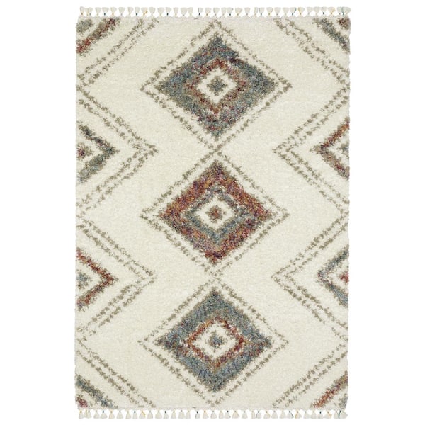 AVERLEY HOME Avalon Ivory/Multi-Colored 8 ft. x 11 ft. Tribal Geometric Medallion Polypropylene Shag Tassel Indoor Area Rug