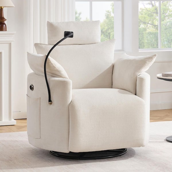 Sigrid White Chenille Swivel Rocker Power Recliner Chair with Adjustable Headrest, USB Port, and Phone Holder