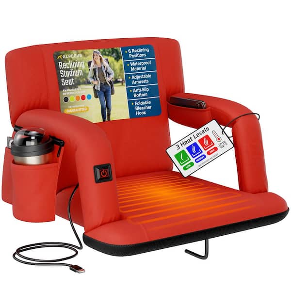 ALPCOUR Heated Reclining Stadium Seat Wide Bleacher Chair w/ Back Support, Cushion, Armrests and Side Pockets 21 in. Wide-Red