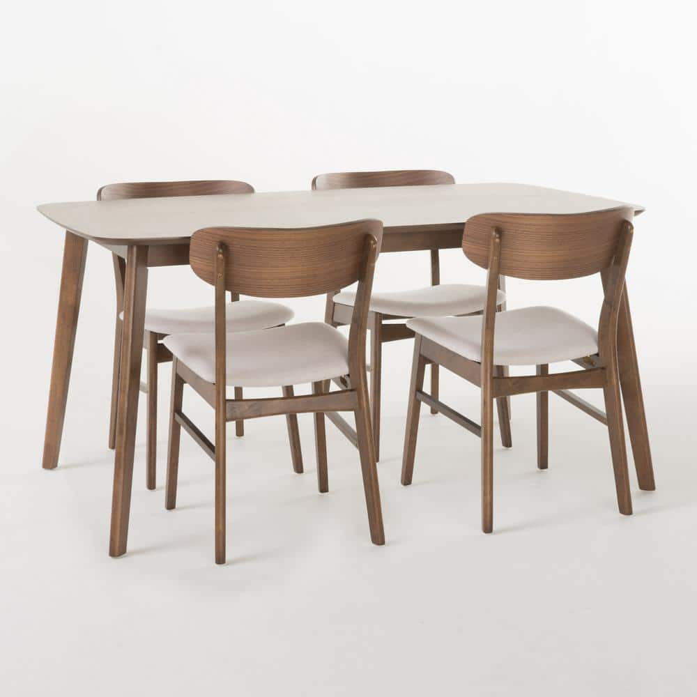 Noble House Lucious 5-Piece Light Beige and Natural Walnut Dining Set ...