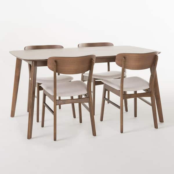 Noble House Lucious 5-Piece Light Beige and Natural Walnut Dining Set ...