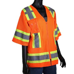 Women's Large Hi Vis Orange 2-Tone ANSI Type R Class 3 Contoured Surveyors Safety Vest with Mesh Back and (11-Pockets)