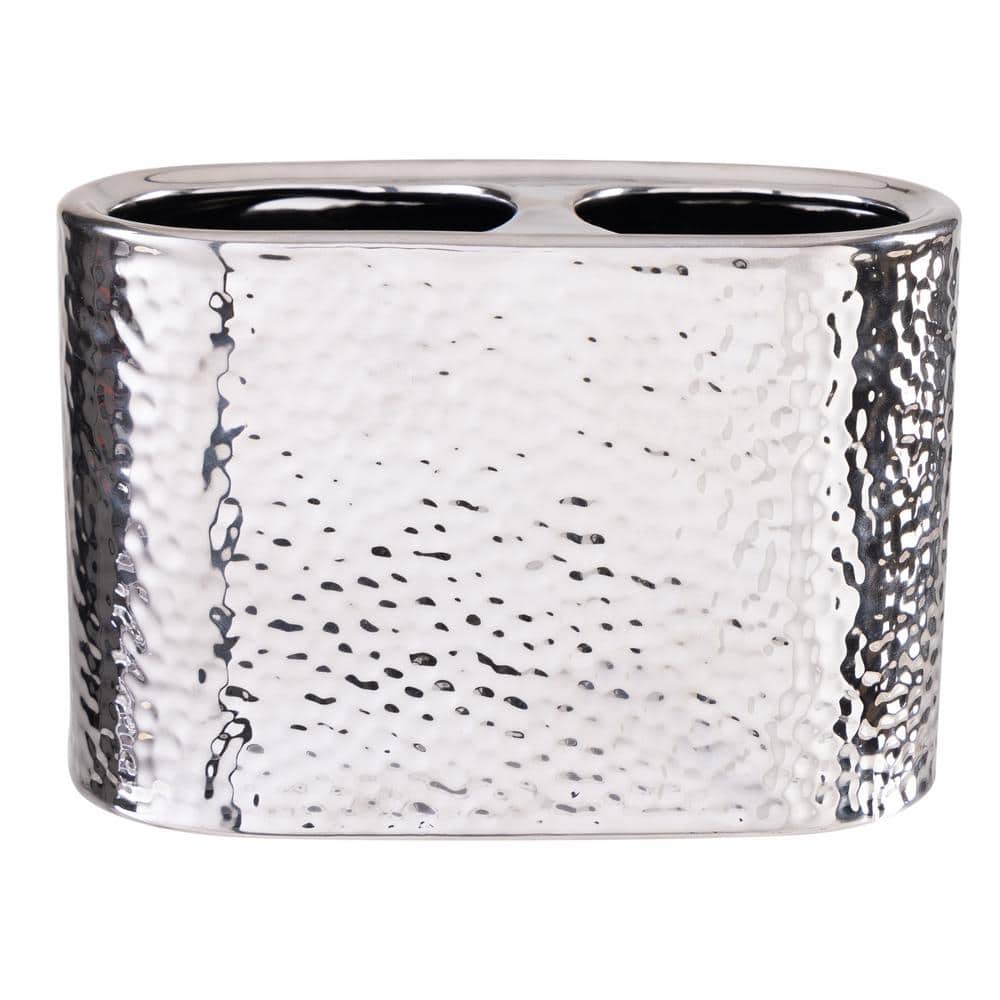 Silver Hammered Ceramic Toothbrush Holder with Dual Compartments