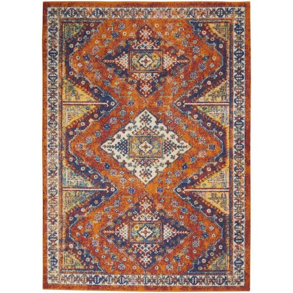 5 ft. x 7 ft. Ivory Blue and Orange Geometric Power Loom Area Rug