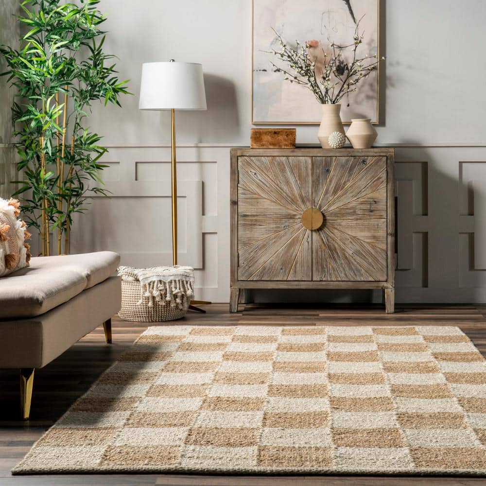 Ivory and Beige Checkered Cotton Jute 8' x 10' Area Rug