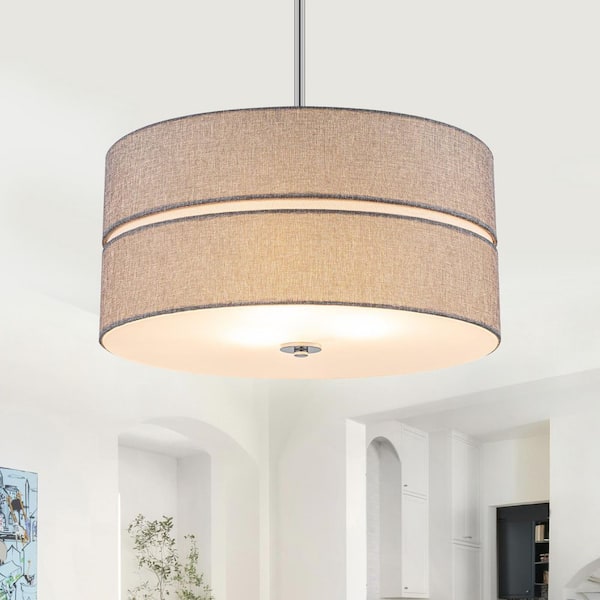 19.7 in. 3-Light Modern Chrome Drum Pendant Light with Fabric Shade for Dining, Living Room