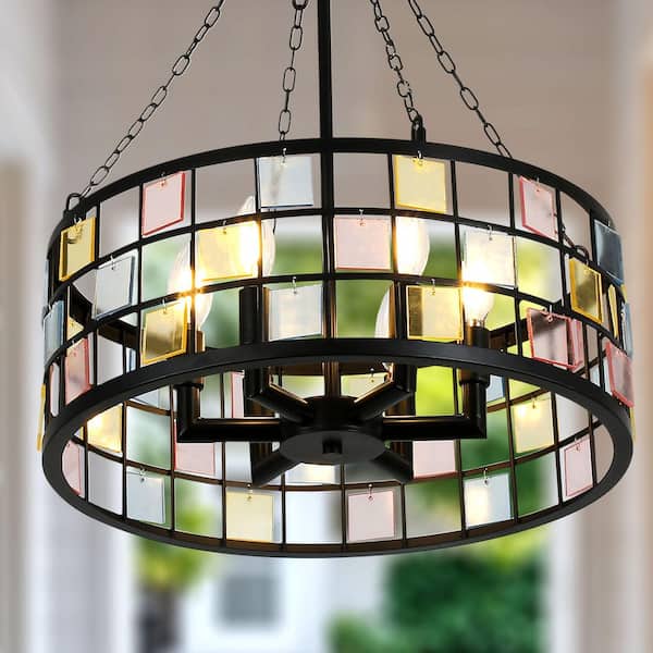 Gleam 6-Light Matte Black DIY Tiffany-Inspired Chandelier, Adjustable Height Pendant Light for Dining, Living Rooms