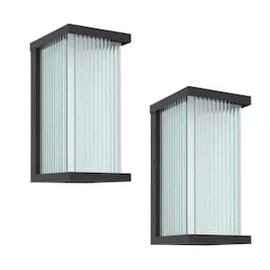 Montpelier Black 1-Light 13.3 in. Dusk to Dawn Outdoor Hardwired Lantern Sconce with Clear Striped Glass Shade (2-Pack)