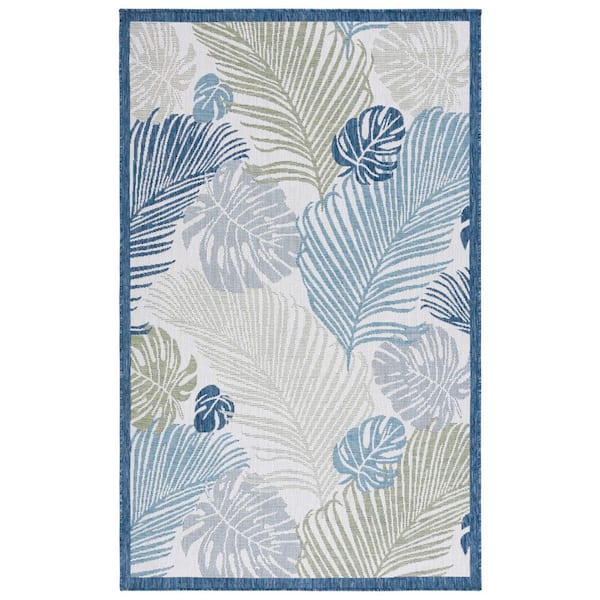 Courtyard Beige/Green Blue 5 ft. x 8 ft. Oversized Botanical Leaf Indoor/Outdoor Area Rug