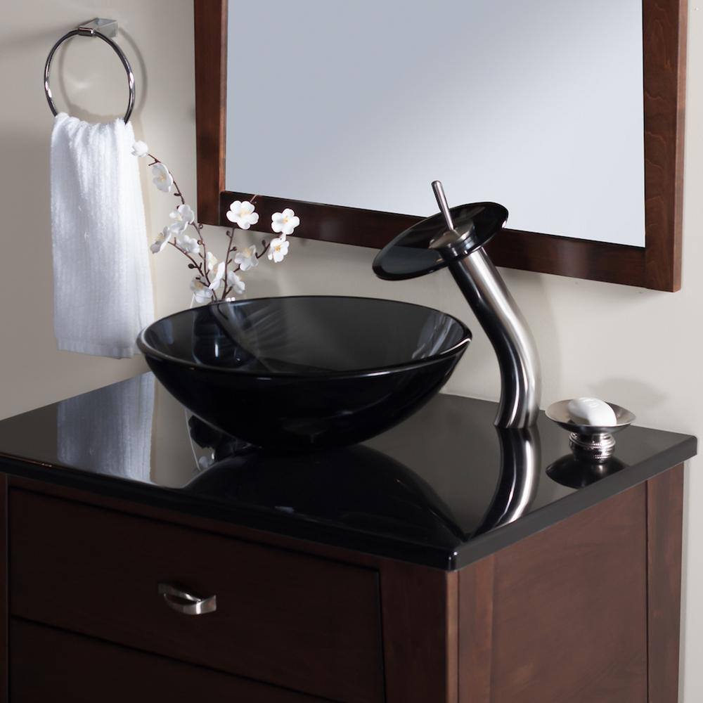 Brushed Nickel Single Handle Waterfall Vessel Faucet with Smoke Glass