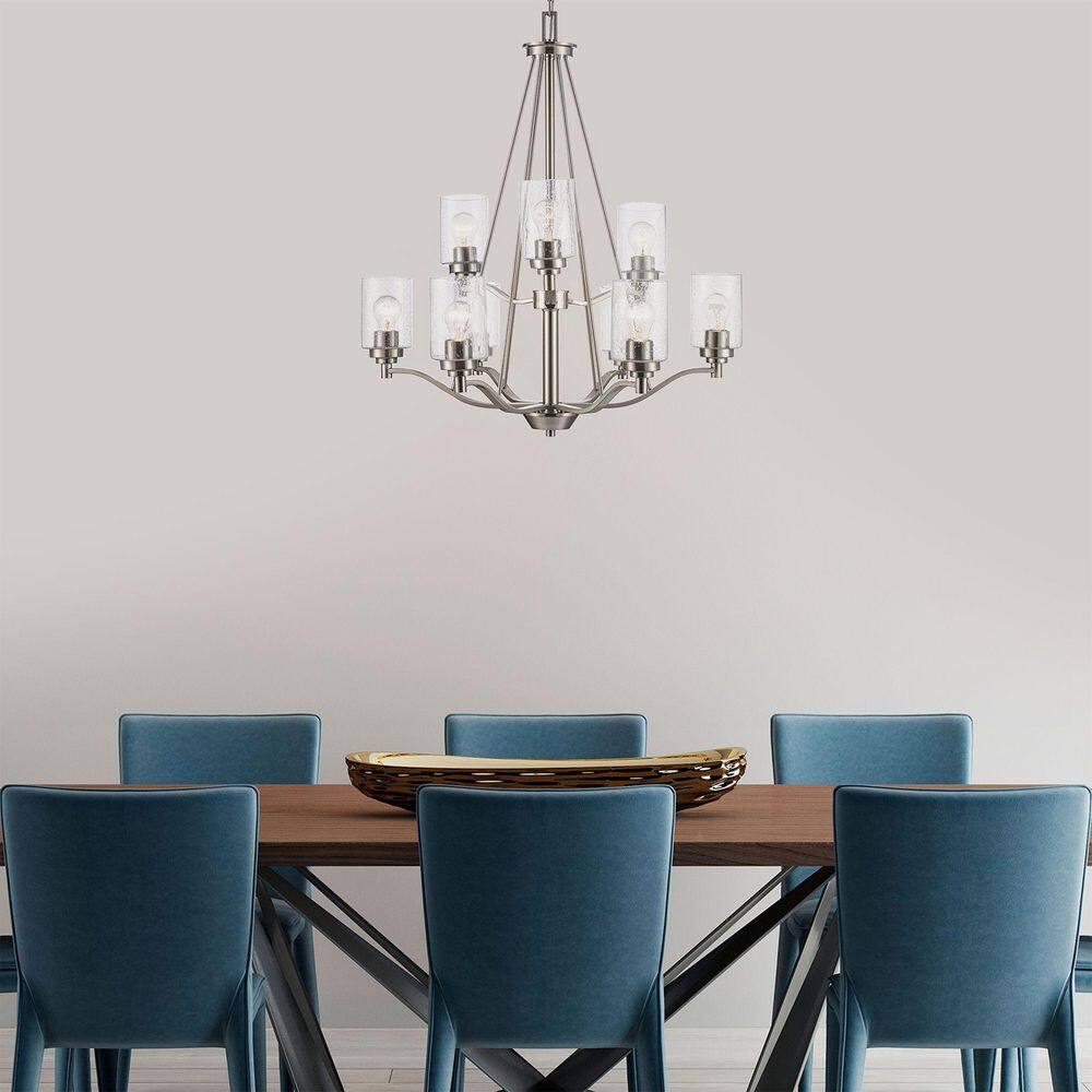 Simi Modern Brushed Nickel 9-Light Chandelier with Seeded Glass Shades