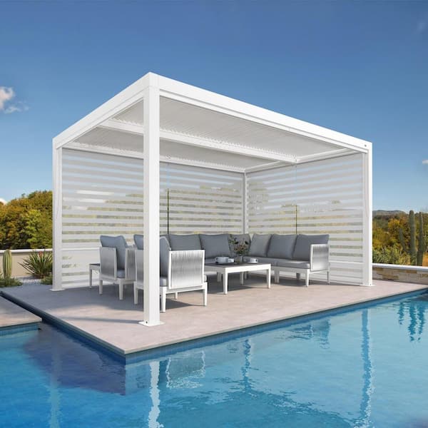 10 ft. x 14 ft. White Aluminum Frame Louvered Pergola with Adjustable Shade Roof and 1-Long 1-Short Side Roller Shades