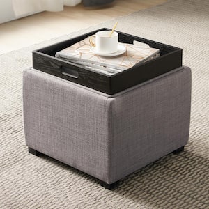 Riley 18 in. Wide Fabric Contemporary Square Storage Ottoman with Tray Serve as Side Table in Performance Flint