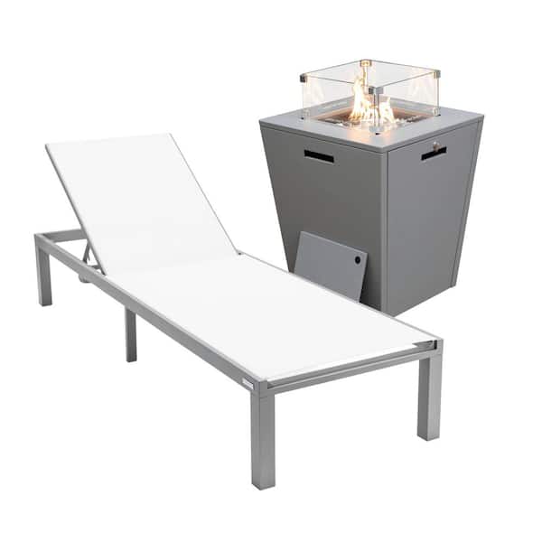 Leisuremod Marlin Modern Grey Aluminum Outdoor Patio Chaise Lounge Chair with Square Fire Pit Table, White