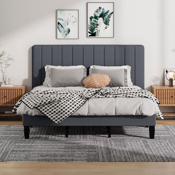 STICKON King Size Upholstered Panel Platform Bed with Headboard