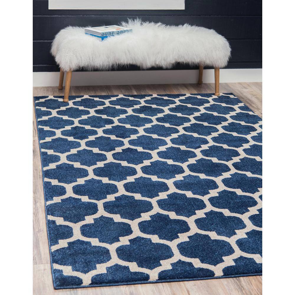 Elegant Dark Blue Trellis 4' x 6' Synthetic Easy-Care Area Rug