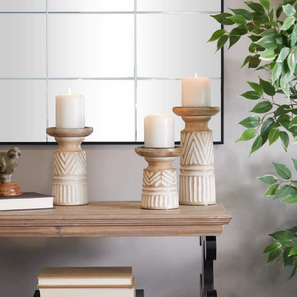 Litton Lane Light Brown Mango Wood Carved Tribal Pillar Candle Holder (Set of 3)