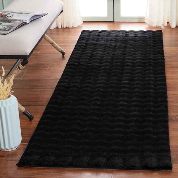 Faux Rabbit Bubble Black 3 ft. x 8 ft. Machine Washable Solid High-Low Runner Rug