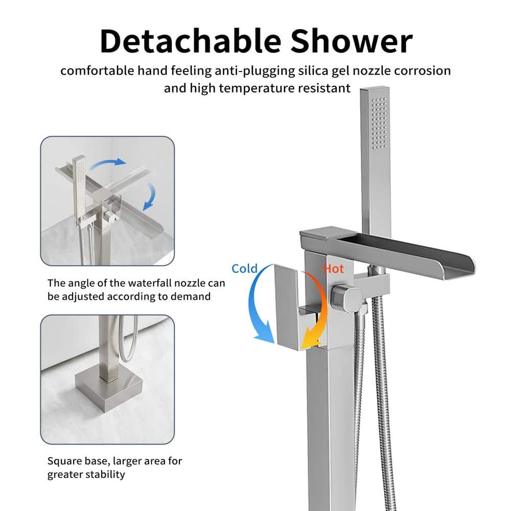 Brushed Nickel Freestanding Waterfall Tub Faucet with Hand Shower