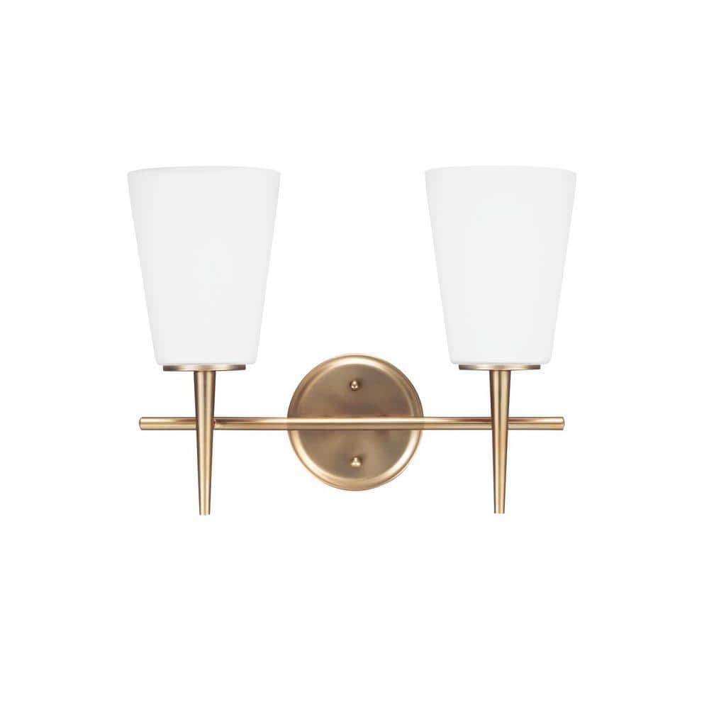 Satin Brass and Chrome 2-Light Wall Sconce with Etched Glass Shades