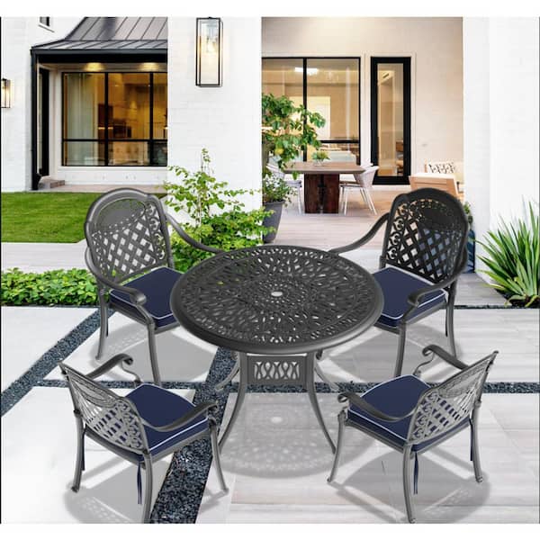 Unbranded 5-Piece Metal Cast Aluminum Outdoor Dining Table and Chairs Patio Furniture Set with Cushions, Random Colors