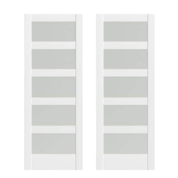 TENONER 60 in. x 80 in. (Double 30 in. W Doors) 5-Panel Frosted Glass, Painted White MDF Pocket Door Frame without Hardware