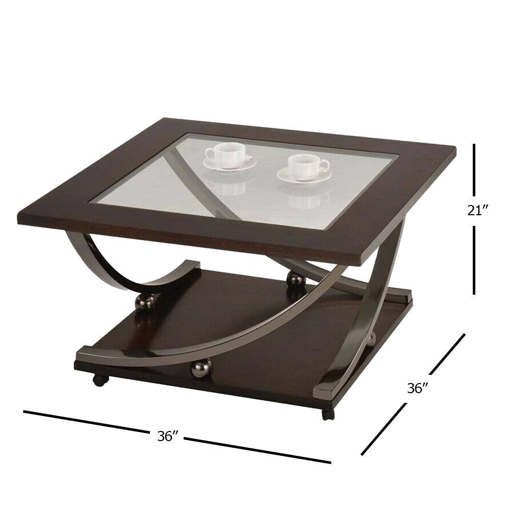 36" Black Nickel and Clear Glass Square Coffee Table with Storage