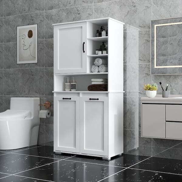 63 in. White Freestanding Linen Cabinet with Doors, Adjustable Shelf and Tilt-Out Laundry Hamper