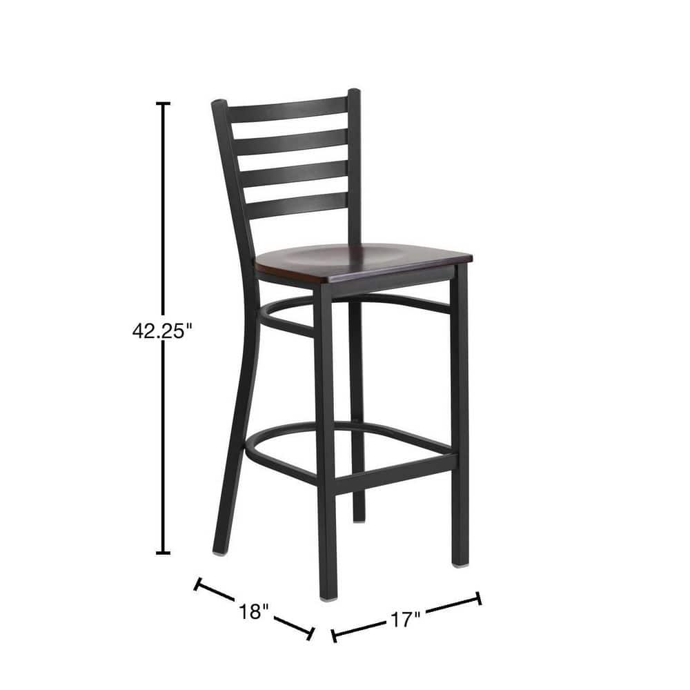 Walnut Wood and Black Metal Ladder Back Barstool