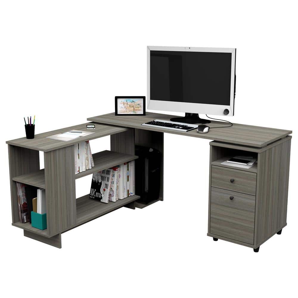 Smoke Oak L-Shaped Computer Desk with Filing Cabinet