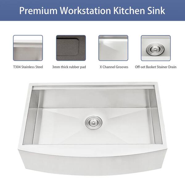 Dueyeeri - 36 in. Farmhouse Single Bowl 16-Gauge Brushed Nickel Stainless Steel Kitchen Sink with Workstation