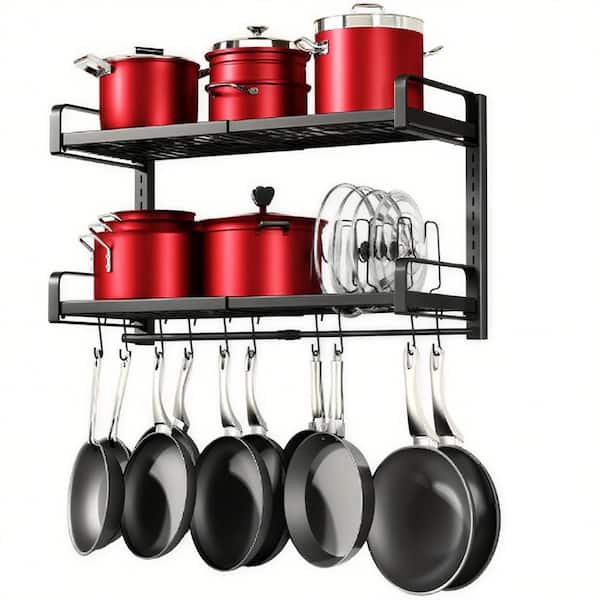 Expandable Hanging Pot Rack, 2 Tier Heavy Duty Wall Mounted Pots and Pans Organizer with 10 Hooks, 5 Pot Lid Holders