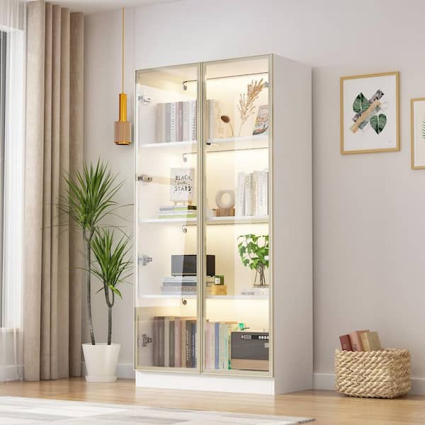 FUFU&GAGA 63 in. Tall White Wood 3-Shelf Bookcase Bookshelf With 3-Color LED Lights and Tempered Glass Doors