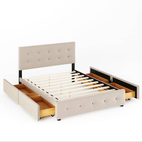Beige Queen Size Upholstered Platform Bed with 4 Drawers