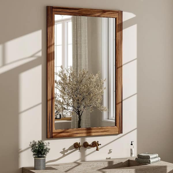XRAMFY 24 in. W x 36 in. H Rectangular Classic Brown Wooden Framed Bathroom Vanity Mirror Wall Mirror