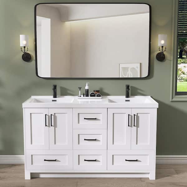 60 in. W x 22 in. D x 35.5 in. H Freestanding Bath Vanity Cabinet and Solid Surface Countertop with Double Sink in White