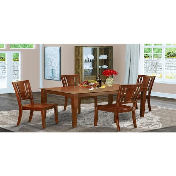 East West Furniture 5-Piece Rectangle Mahogany Finish Solid Wood Top Dining Table with 4-Chairs with Lattice Back