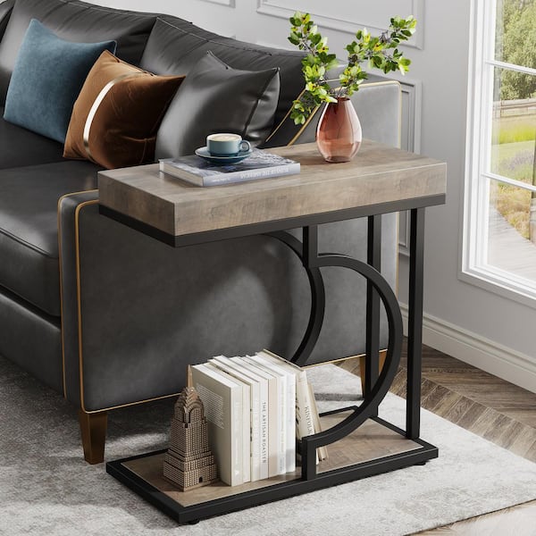 BYBLIGHT Kerlin 23.6 in. 2 PCS Gray C Shaped Rectangle Wood Narrow Side Table Modern End Side Table with 2-Shelf